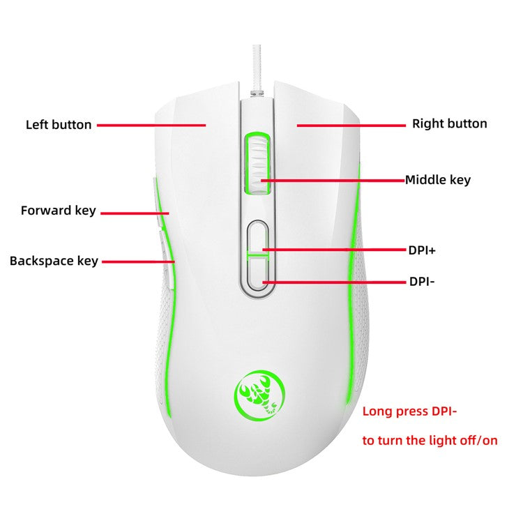 HXSJ A869 USB Wired Gaming Mouse 3200DPI Colorful Light Computer Laptop Mice - White
