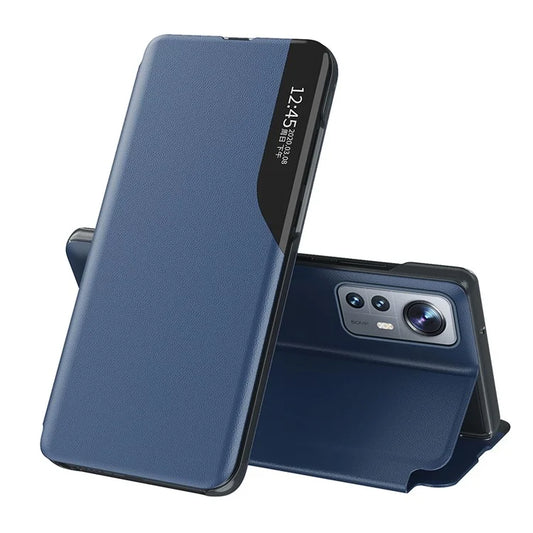 View Window PU Leather Shockproof Hands-free Stand Mobile Phone Cover for Xiaomi 12 Pro 5G / 12S Pro 5G / 12 Pro (Dimensity) 5G - Sapphire