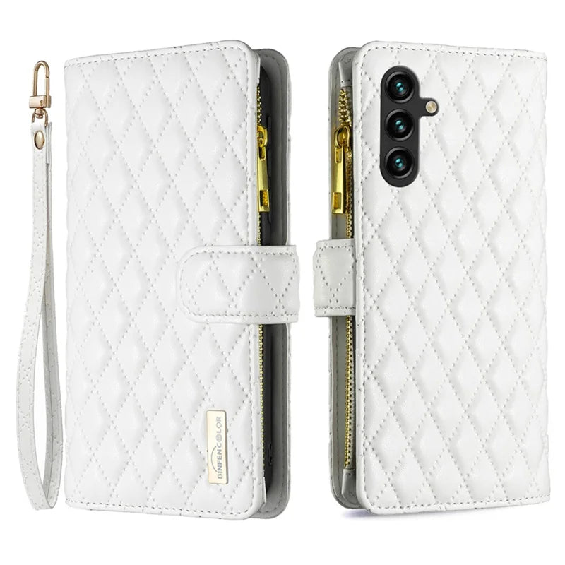BINFEN COLOR BF Style-15 For Samsung Galaxy A16 5G / A16 4G Leather Case Zipper Pocket Rhombus Phone Cover - White