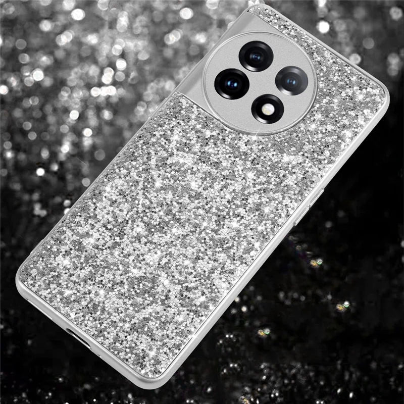 Protective Cover for OnePlus 11 5G Shiny Glitter Sequins Electroplating TPU Frame Hard PC Phone Case - Silver
