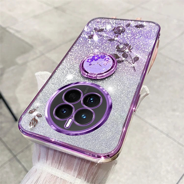KADEM For Realme 12+ 5G Kickstand Case Rhinestone Flower Anti-Drop TPU Phone Cover - Purple