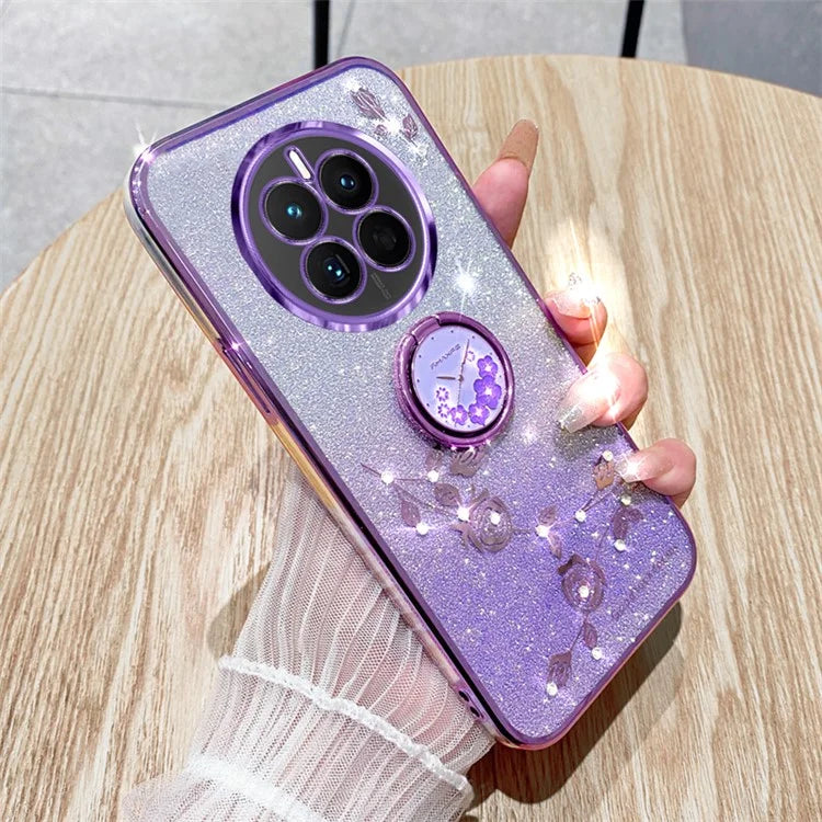 KADEM For Realme 12+ 5G Kickstand Case Rhinestone Flower Anti-Drop TPU Phone Cover - Purple