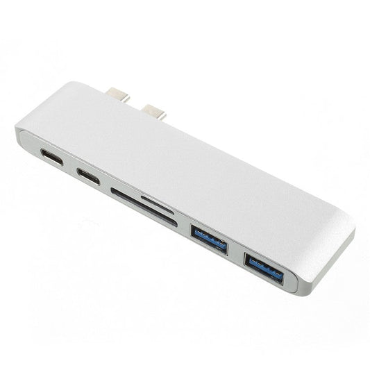6 in 1 Dual Type-C Hub Adapter SD/TF Card Reader with 2 PD Fast Charging Ports 2 USB 3.0 Ports for MacBook Pro 13" & 15" 2016/2017 - Silver Color