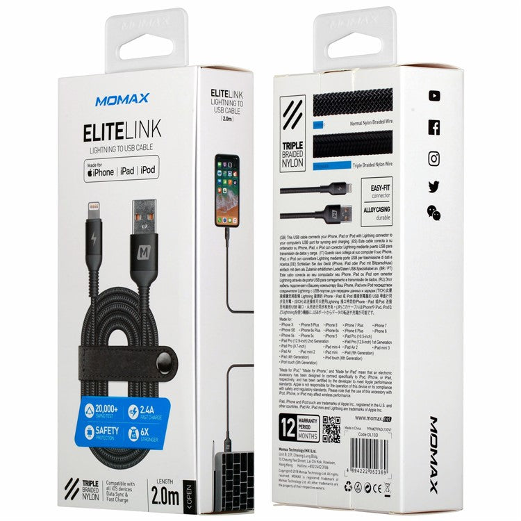 MOMAX Elite Link MFI 2M Woven Lightning 8pin USB Data Sync Charger Cable for iPhone iPad iPod - Grey