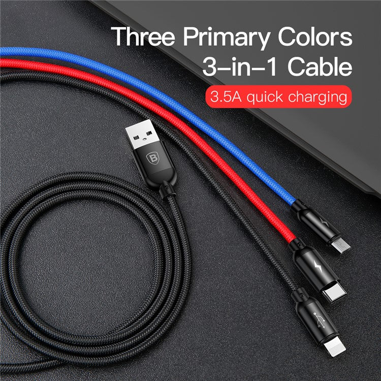 BASEUS iP + Micro USB + Type-C 3-in-1 3.5A Charging Data Cable USB Cable(1.2M) for iPhone / Huawei / LG