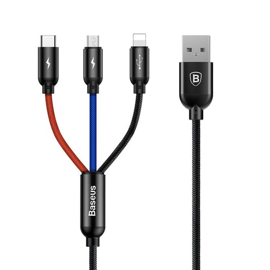 BASEUS iP + Micro USB + Type-C 3-in-1 3.5A Charging Data Cable USB Cable(0.3M) for iPhone / Huawei / LG