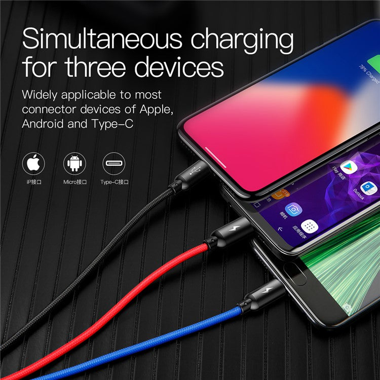 BASEUS iP + Micro USB + Type-C 3-in-1 3.5A Charging Data Cable USB Cable(0.3M) for iPhone / Huawei / LG