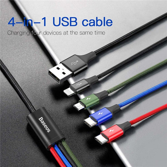 BASEUS Rapid Series 4 in 1 USB Cable iP + 2 x Type-C + Micro USB Data Sync Cable Charging Cord for iPhone Samsung Huawei (1.2m) - Black