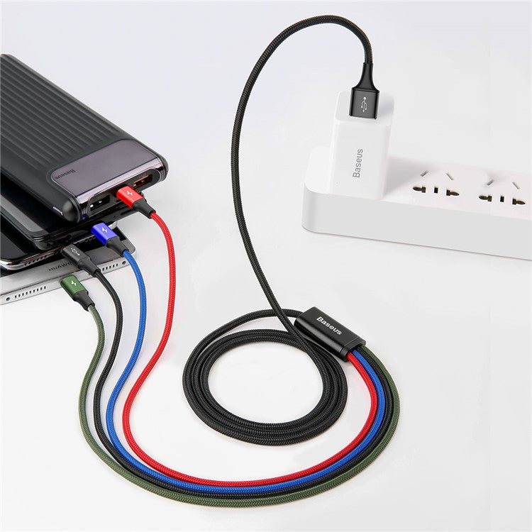 BASEUS Rapid Series 1.2m 3.5A Nylon Braided USB Cable 4-in-1 Type-C + 2 iP + Micro USB Charging Cable for iPhone Samsung Huawei - Black