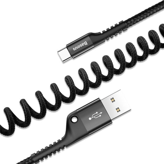 BASEUS Fish-eye 1m Spring 2A USB Cable Elastic USB to Type-C Data Sync Cable Car Charging Cord for Samsung Huawei Xiaomi - Black
