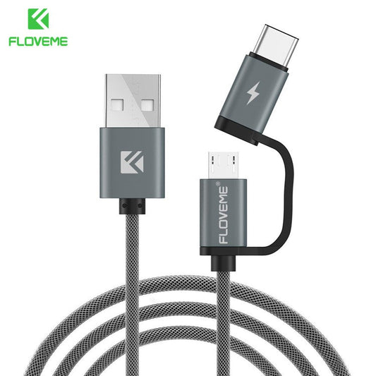 FLOVEME for iPhone 15 Series 2 in 1 QC3.0 micro Type-C Fast Charge Cable Flash Charging for Android Smartphones - Grey