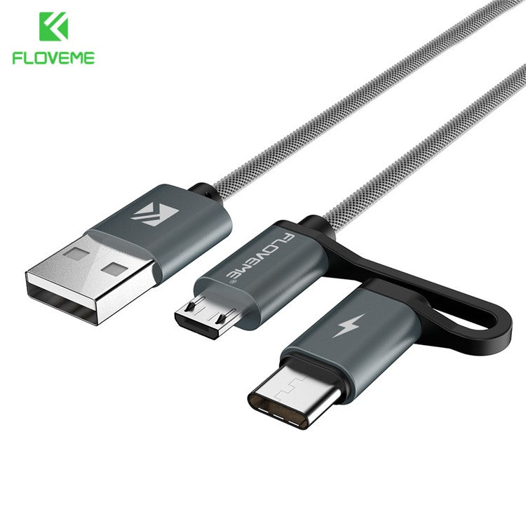 FLOVEME for iPhone 15 Series 2 in 1 QC3.0 micro Type-C Fast Charge Cable Flash Charging for Android Smartphones - Grey