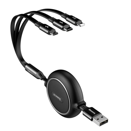 BASEUS Golden Loop 3.5A 1.2m Retractable Cord 3-in-1 iP + Micro USB + Type-C USB Data Cable Multi Charging Cable for Cell Phones / Tablets - Black
