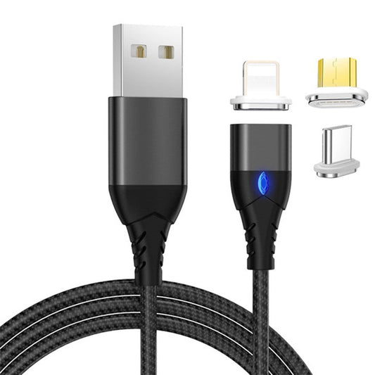Braided Cable USB Sync Charging Cord with 3 Magnetic Connectors Lightning & Micro USB & Type-C - Black