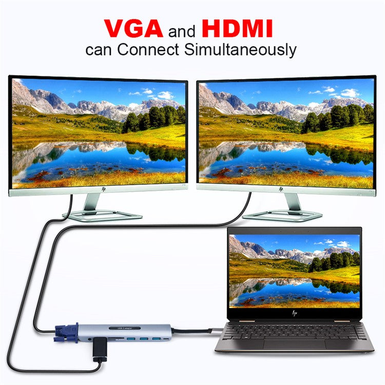 USB C Dock Station Thunderbolt 3 Type-C to HDMI VGA USB TF SD Card Reader with 3.5 AUX Audio Jack HD Video Converter Adapter for Macbook Pro - Silver