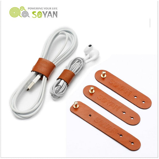 SOYAN 3PCS/Lot PU Leather Cable Cord Wire Earphone Bobbin Winder Organizer - Light Brown