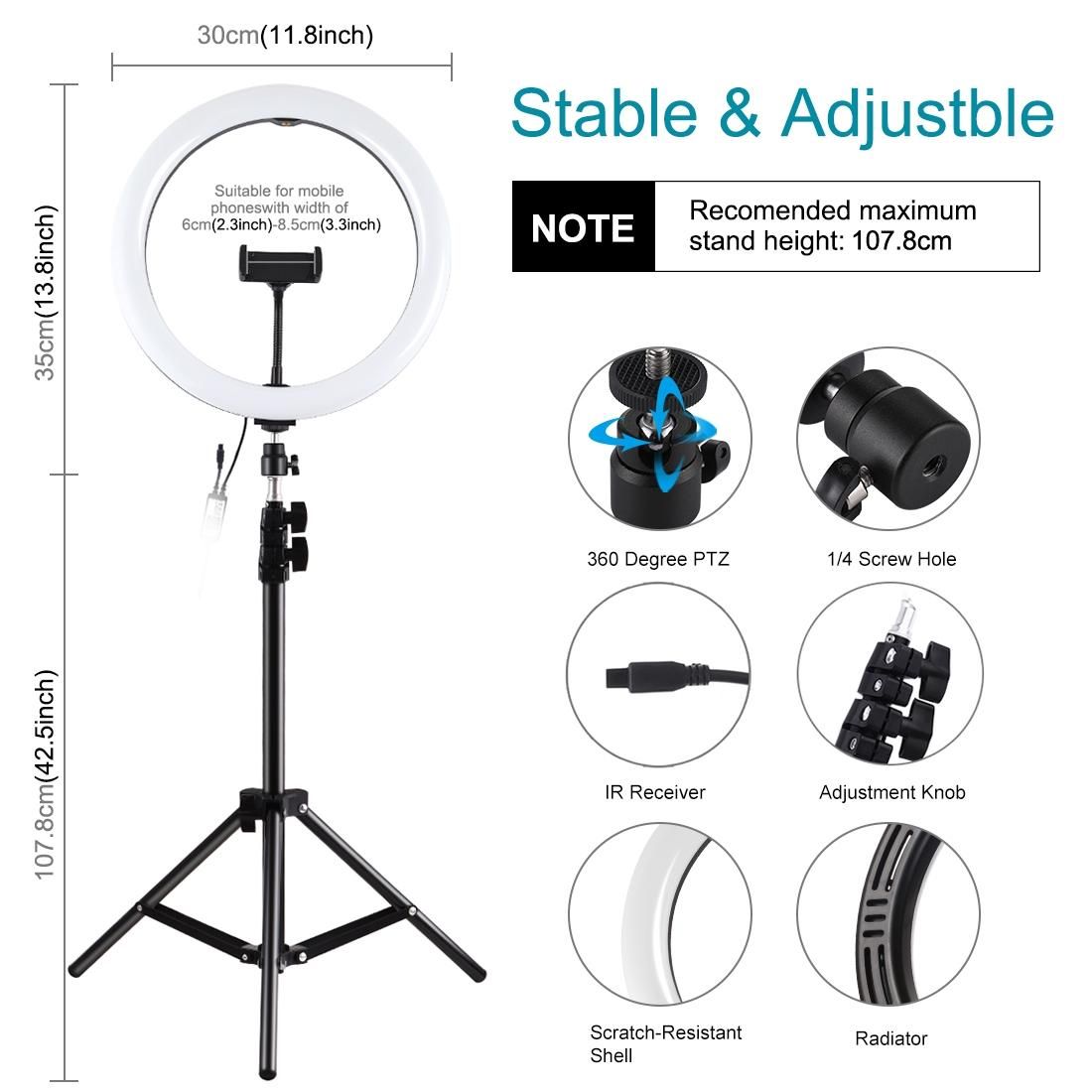 PULUZ 12 inch RGB Light 1.1m Tripod Mount Dimmable LED Ring Vlogging Selfie Photography Video Lights Live Broadcast Kits with Cold Shoe Tripod Ball Head & Phone Clamp (UK Plug)