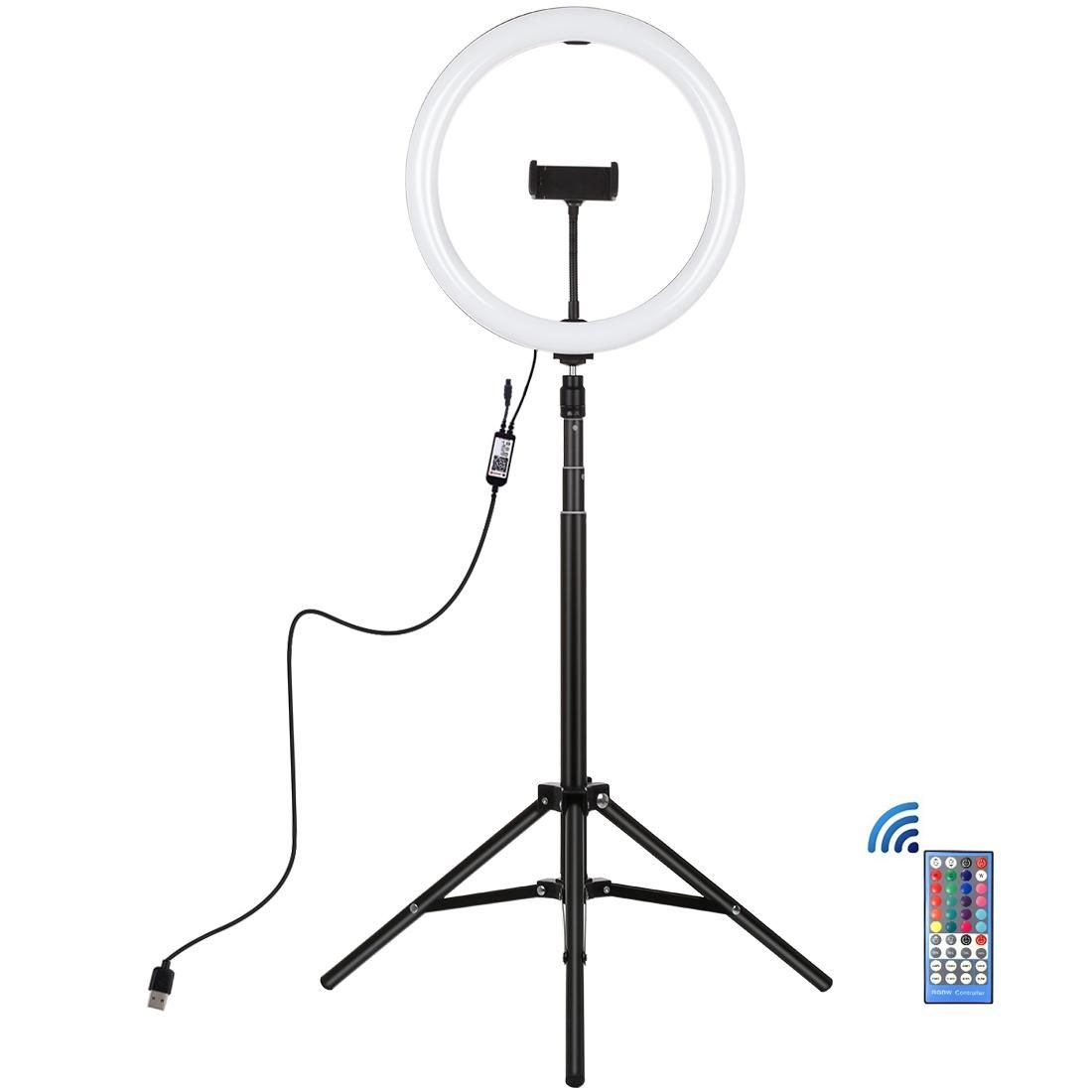 PULUZ 11.8 inch 30cm RGBW Light + 1.65m Mount Curved Surface RGBW Dimmable LED Ring Vlogging Light  Live Broadcast Kits with Cold Shoe Tripod Adapter & Phone Clamp & Remote Control (Black)
