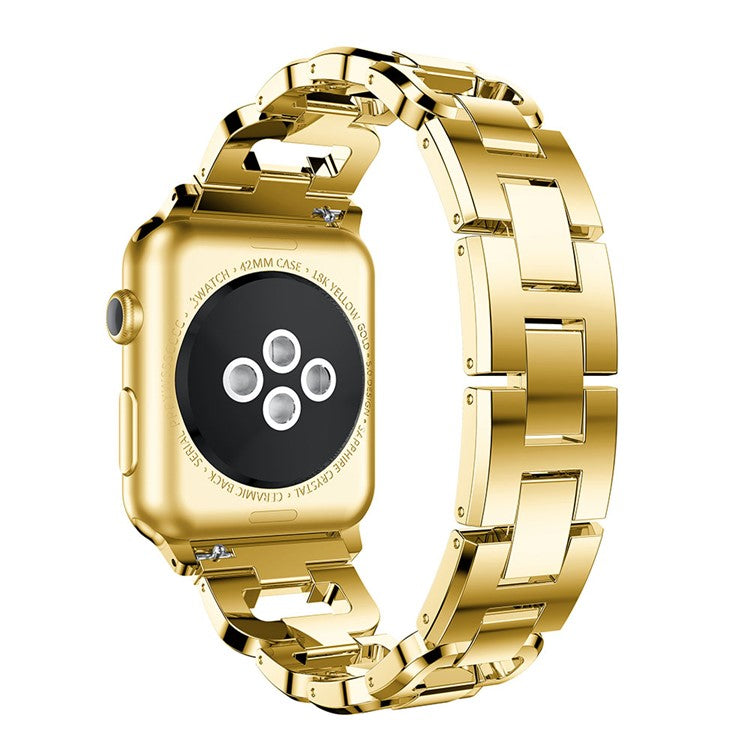 For Apple Watch Series 10 42mm / 9 8 7 41mm / SE (2023) SE (2022) SE 6 5 4 40mm / 3 2 1 38mm Rhinestones D Shaped Watchband Stainless Steel Watch Band - Gold