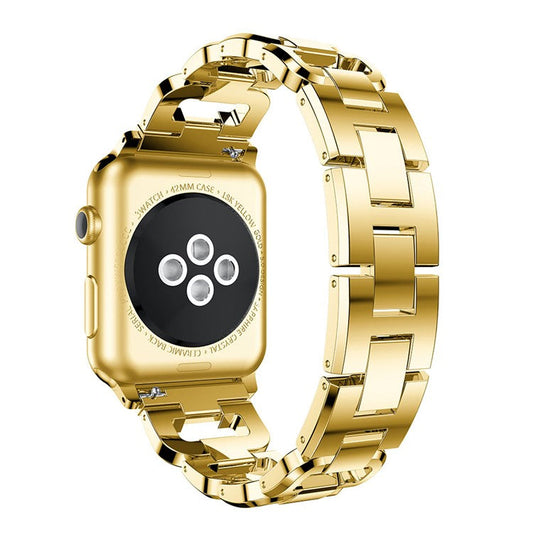 For Apple Watch Series 10 42mm / 9 8 7 41mm / SE (2023) SE (2022) SE 6 5 4 40mm / 3 2 1 38mm Rhinestones D Shaped Watchband Stainless Steel Watch Band - Gold