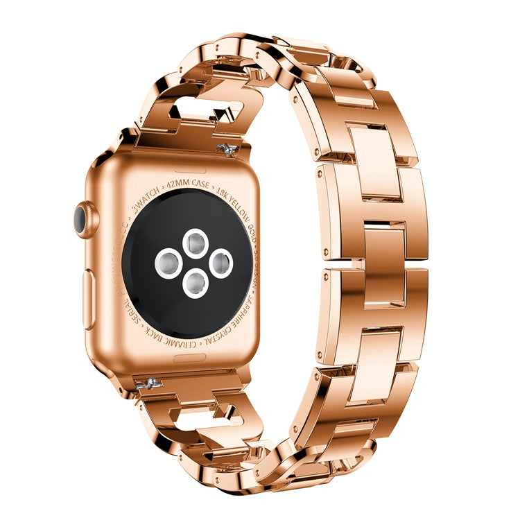 For Apple Watch Series 10 46mm / Ultra 2 Ultra 49mm / 9 8 7 45mm / SE (2023) SE (2022) SE 6 5 4 44mm / 3 2 1 42mm Rhinestone Decor Watch Strap D Shaped Stainless Steel Watch Band - Rose Gold