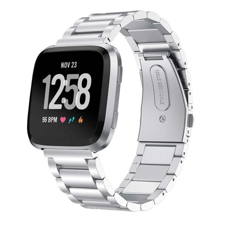 Three Beads Folding Clasp Stainless Steel Watch Strap for Fitbit Versa - Silver