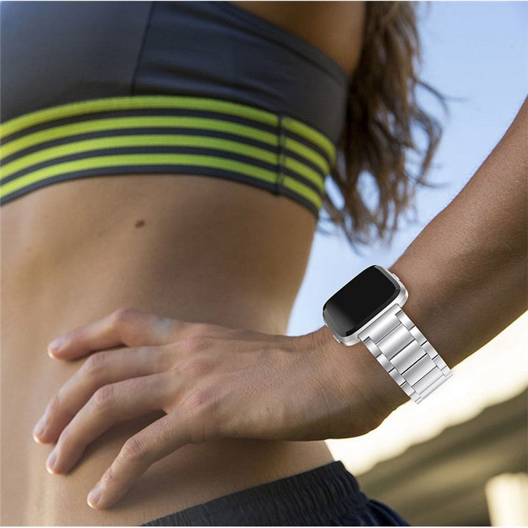 Three Beads Folding Clasp Stainless Steel Watch Strap for Fitbit Versa - Silver