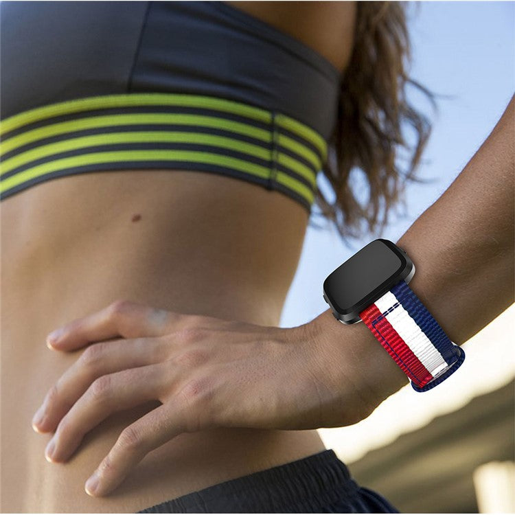 Adjustable Woven Nylon Watch Strap Replacement for Fitbit Versa - Blue / White / Red