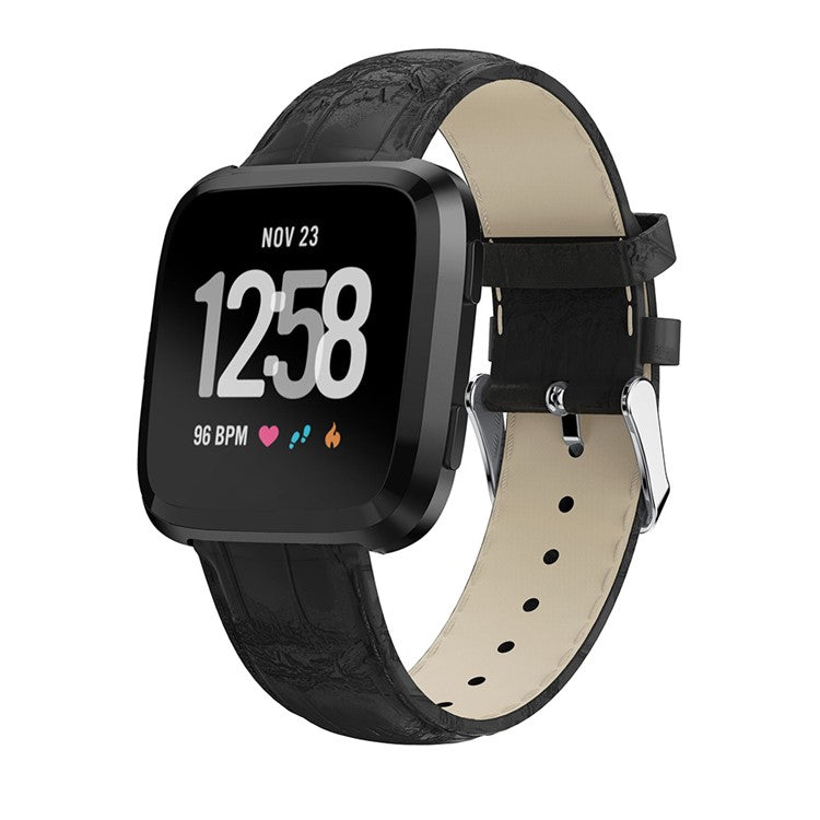 22mm Crocodile Texture Genuine Leather Watch Band for Fitbit Versa - Black