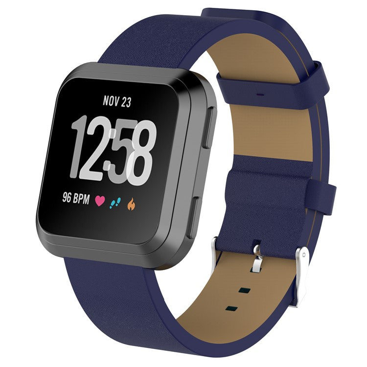 For Fitbit Versa Top Layer Cowhide Leather Watchband Smart Watch Strap Replacement - Dark Blue