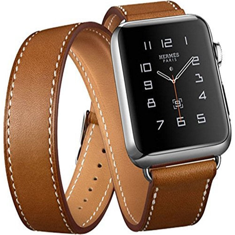 Hermes Style 4-piece Double Tour Genuine Leather Watchband Strap for Apple Watch Series 10 46mm / Ultra 2 Ultra 49mm / 9 8 7 45mm / SE (2023) SE (2022) SE 6 5 4 44mm / 3 2 1 42mm - Brown
