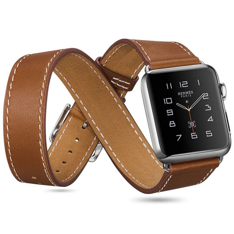Hermes Style 4-piece Double Tour Genuine Leather Watchband Strap for Apple Watch Series 10 46mm / Ultra 2 Ultra 49mm / 9 8 7 45mm / SE (2023) SE (2022) SE 6 5 4 44mm / 3 2 1 42mm - Brown