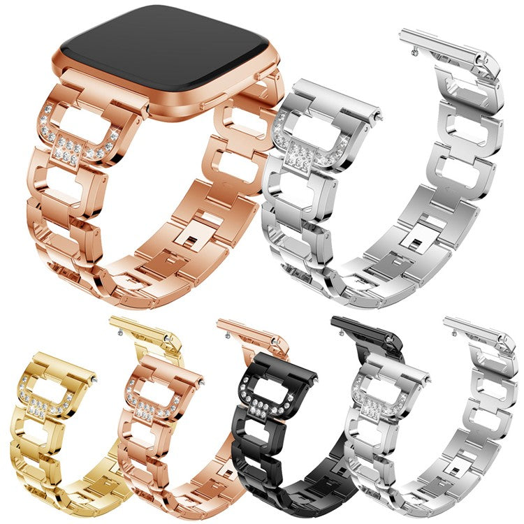 22mm D-shape Rhinestone Decor Alloy Watch Band Wrist Strap for Fitbit Versa - Rose Gold