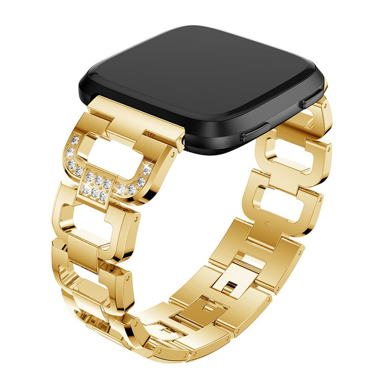 22mm D-shape Rhinestone Decor Alloy Watch Strap Bracelet Replacement for Fitbit Versa - Gold