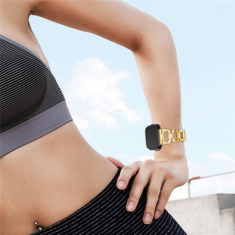 22mm D-shape Rhinestone Decor Alloy Watch Strap Bracelet Replacement for Fitbit Versa - Gold