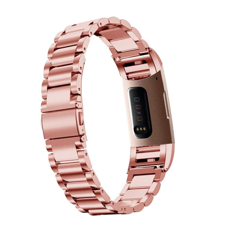 Solid Stainless Steel 3 Beads Smart Watch Band Butterfly Buckle Wrist Strap for Fitbit Charge 3 - Rose Gold