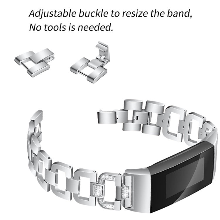 For Fitbit Charge 4/3 D Shape Rhinestone Decor Metal Alloy Band Smart Watch Strap Replacement - Silver