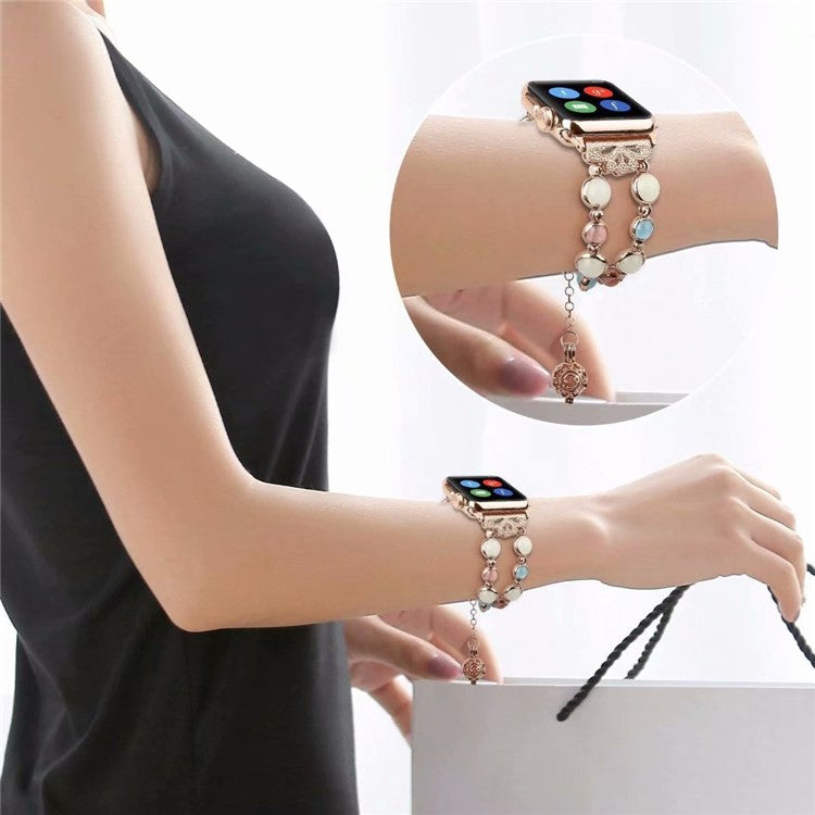 Luminous Night Pearl Bracelet Wrist Band Strap for Apple Watch Series 10 46mm / Ultra 2 Ultra 49mm / 9 8 7 45mm / SE (2023) SE (2022) SE 6 5 4 44mm / 3 2 1 42mm - Rose Gold