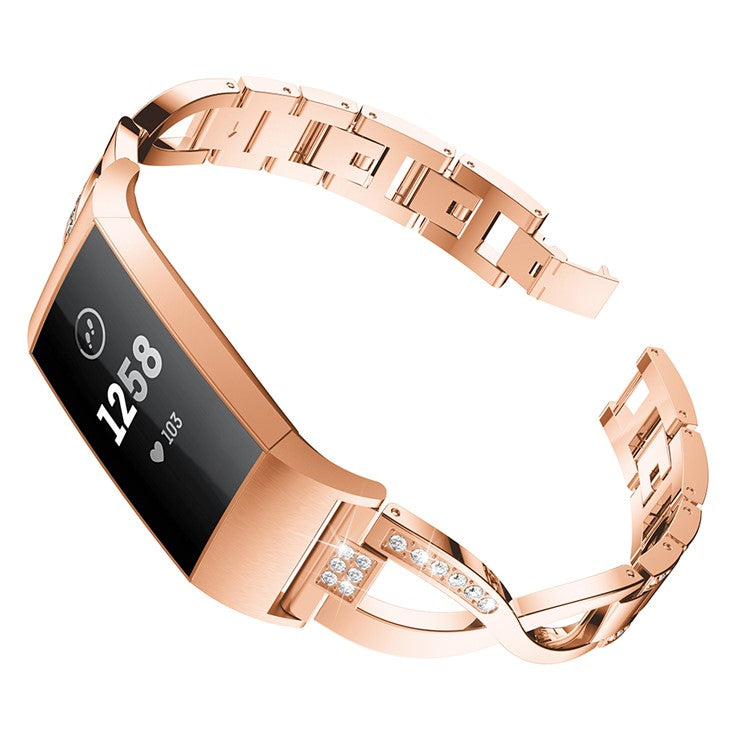 For Fitbit Charge 4/3 X-shape Rhinestone Decor Aluminum Alloy Watch Band Strap Replacement - Rose Gold