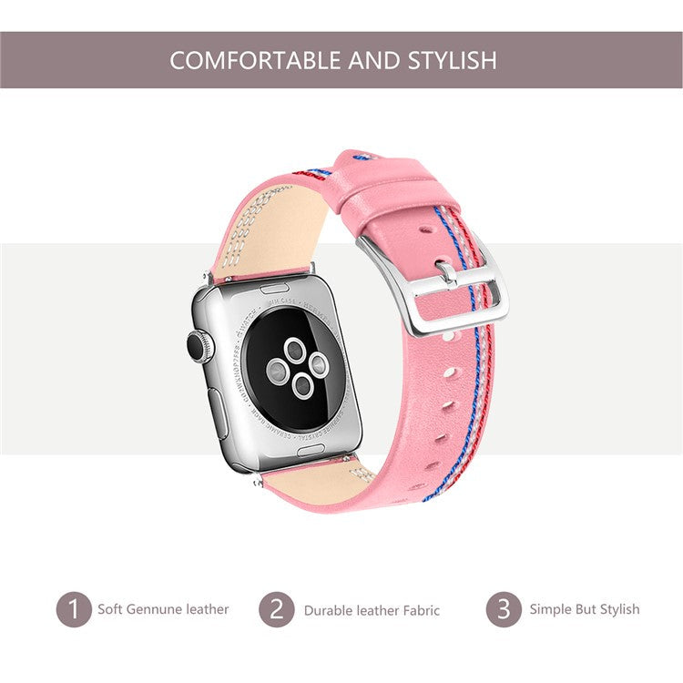 Genuine Leather Single Tour Watch Band for Apple Watch Series 10 46mm / Ultra 2 Ultra 49mm / 9 8 7 45mm / SE (2023) SE (2022) SE 6 5 4 44mm / 3 2 1 42mm - Pink