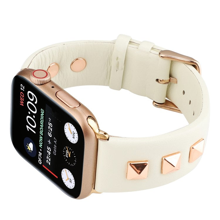 Genuine Leather Watch Strap Smart Watch Band with Rose Gold Fastener for Apple Watch Series 10 42mm / 9 8 7 41mm / SE (2023) SE (2022) SE 6 5 4 40mm / 3 2 1 38mm -  Beige