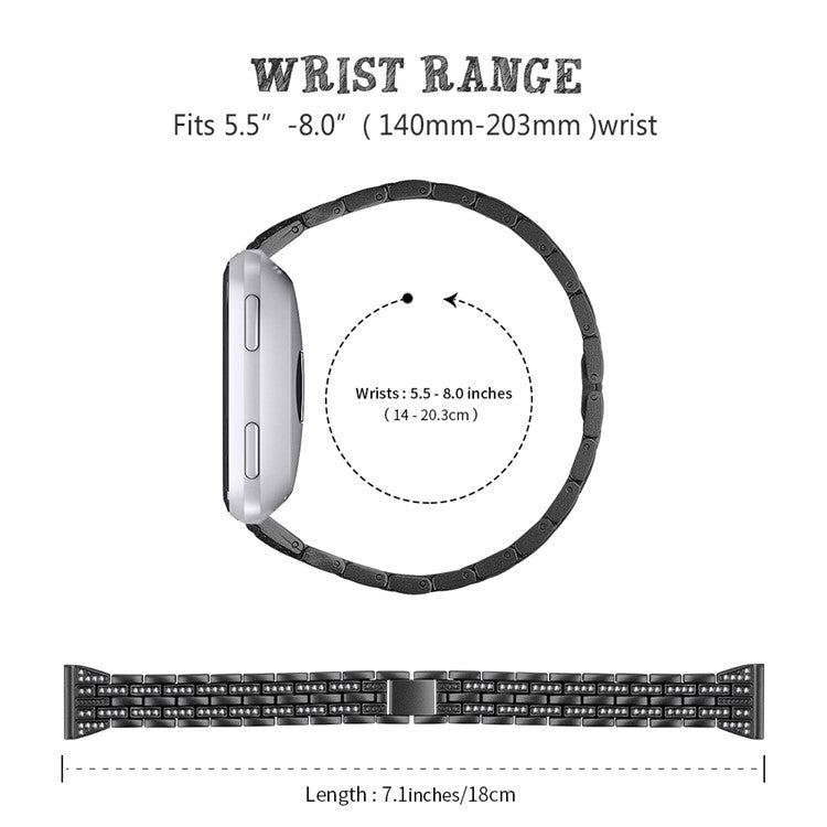 Five Beads Dual Rows Rhinestone Decor Stainless Steel Watch Band Replacement for Fitbit Versa - Black