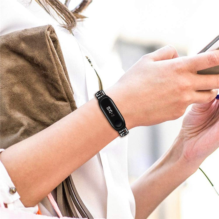 G-shaped Rhinestone Decor Stainless Steel Smart Watch Band Strap Replacement for Xiaomi Mi Smart Band 4 / Mi Band 3 - Black