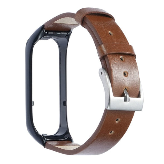 For Samsung Galaxy Watch Fit 2 SM-R220 Watch Band with Case Genuine Cow Leather Strap Protective Cover - Black+Brown