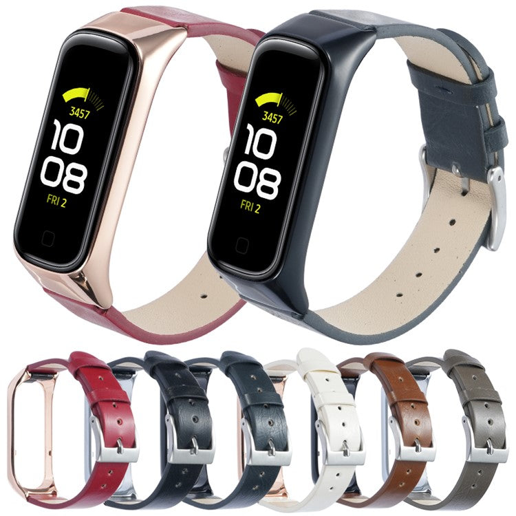 For Samsung Galaxy Watch Fit 2 SM-R220 Watch Band with Case Genuine Cow Leather Strap Protective Cover - Black+Brown