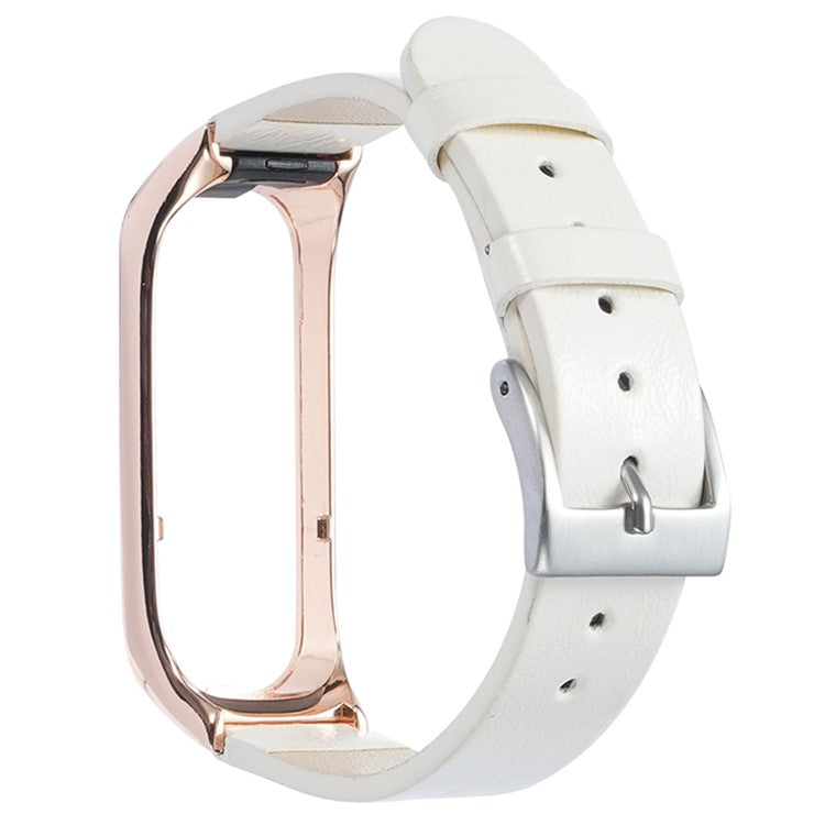 For Samsung Galaxy Watch Fit 2 SM-R220 Watch Band with Case Genuine Cow Leather Strap Protective Cover - Rose Gold+White