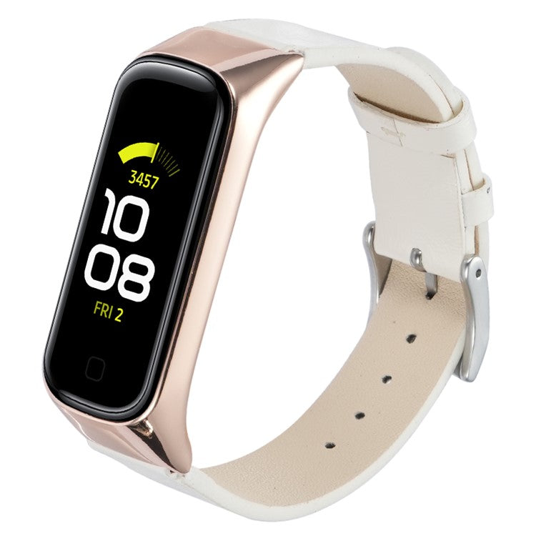 For Samsung Galaxy Watch Fit 2 SM-R220 Watch Band with Case Genuine Cow Leather Strap Protective Cover - Rose Gold+White