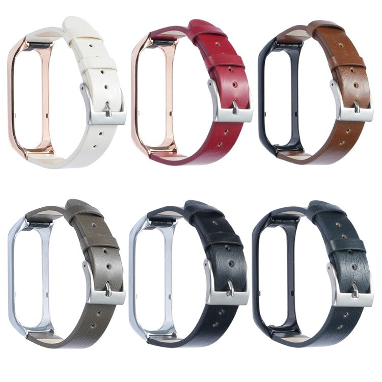 For Samsung Galaxy Watch Fit 2 SM-R220 Watch Band with Case Genuine Cow Leather Strap Protective Cover - Rose Gold+White