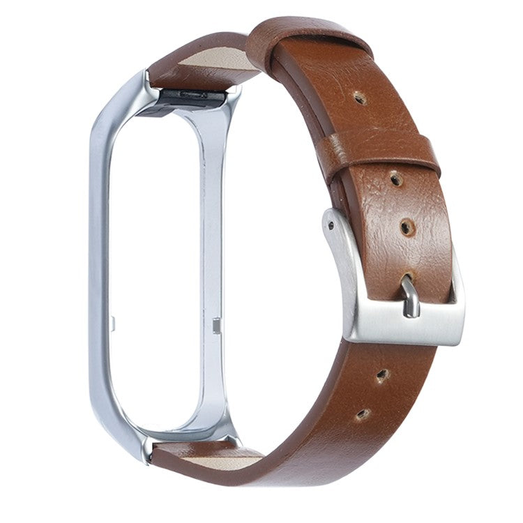 For Samsung Galaxy Watch Fit 2 SM-R220 Watch Band with Case Genuine Cow Leather Strap Protective Cover - Silver+Brown