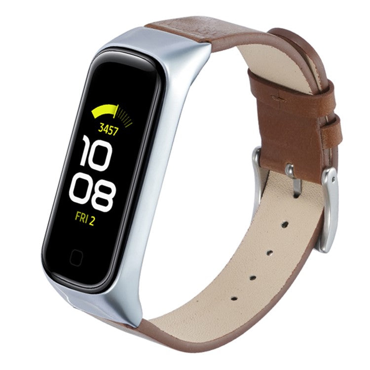 For Samsung Galaxy Watch Fit 2 SM-R220 Watch Band with Case Genuine Cow Leather Strap Protective Cover - Silver+Brown